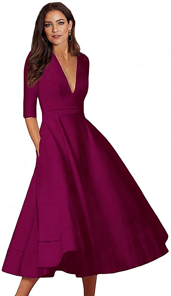 Price:$31.99    AlineMyer Womens Plus Size Sexy Deep V Neck Half Sleeve Party Cocktail Midi Dress  Clothing