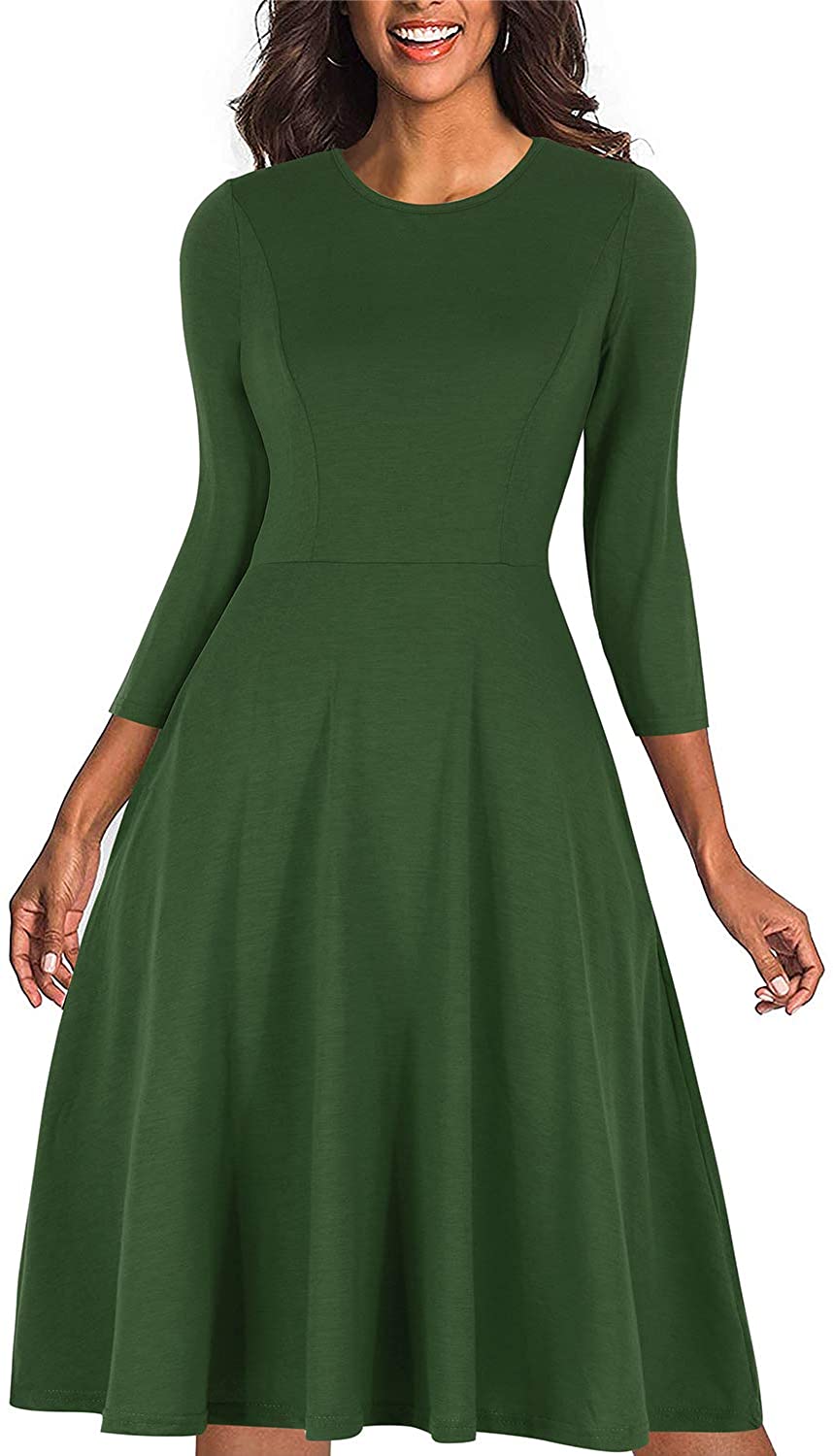 Price:$22.99    Manydress Women's 3/4 Sleeve A-line Fit and Flare Vintage Swing Midi Cocktail Party Dress with Pocket  Clothing