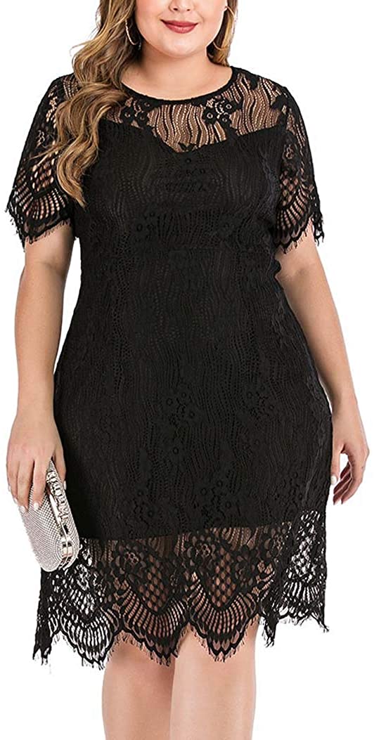 Price:$38.99    Women'splus lace Dress Elegant Round Neck Short Sleeves V-Back Floral Lace Cocktail Party A Line Dress  Clothing