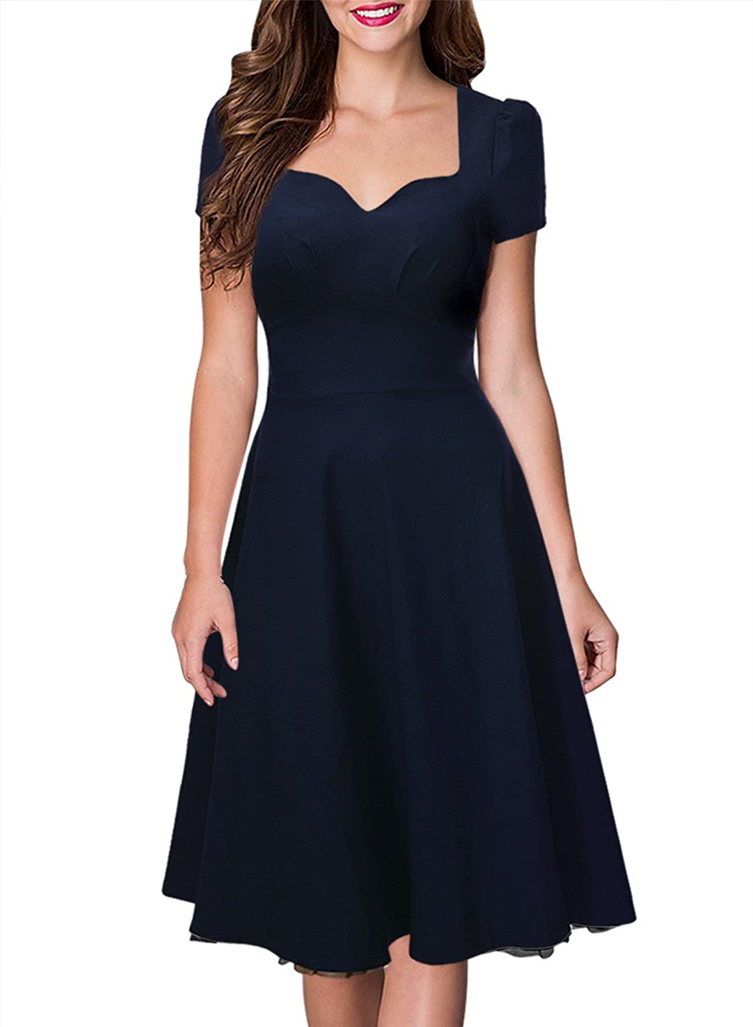 Price:$25.99    Sweetmeet Women's Vintage 1940s Shirtwaist Flared Evening Tea Dress Swing Skaters M Navy Blue  Clothing