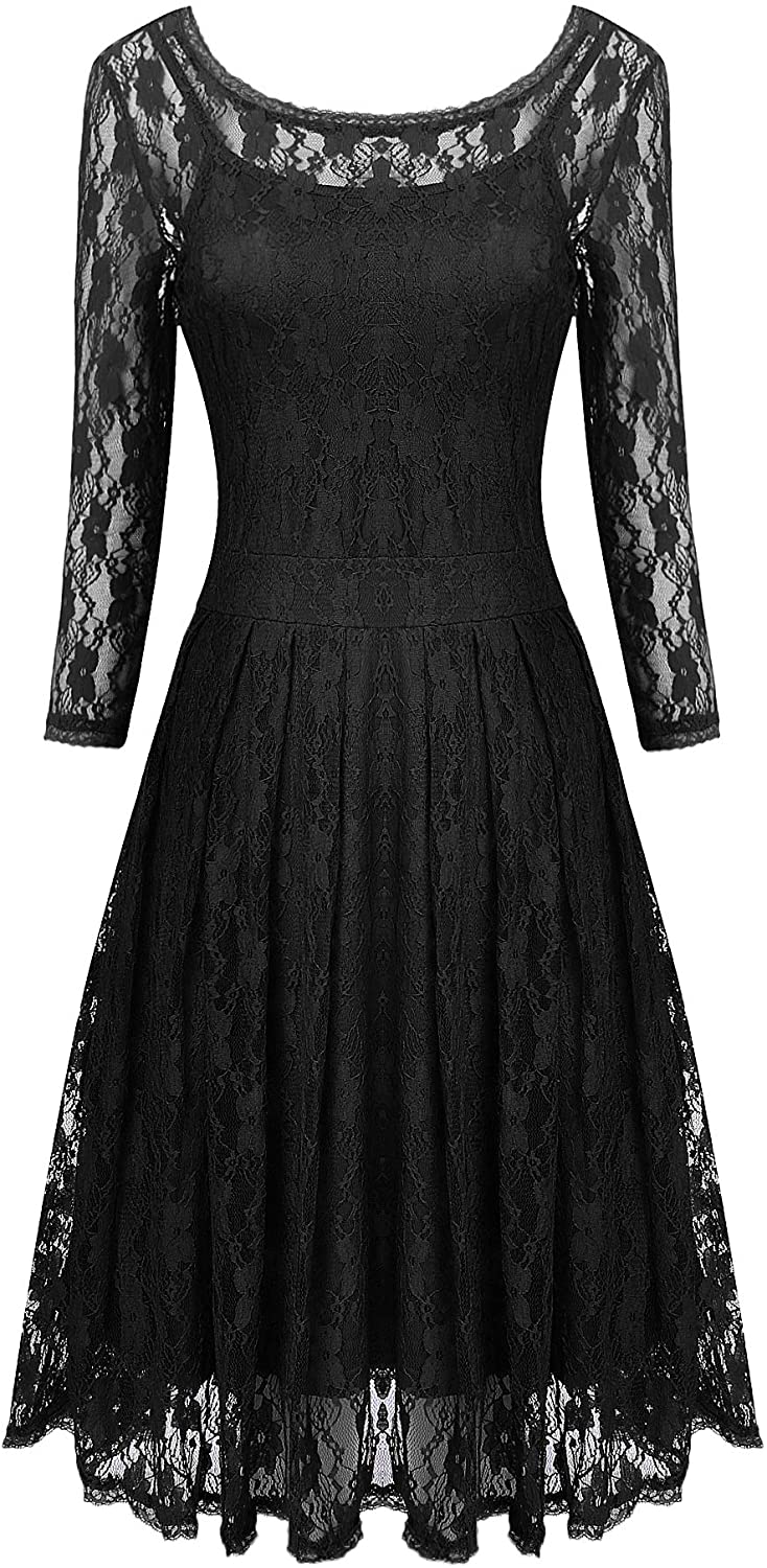 Price:$31.98 ANGVNS Women's Vintage Floral Lace Flare 3/4 Sleeve V-Neck Cocktail Formal Swing Bridesmaid Party Dress at Amazon Women’s Clothing store