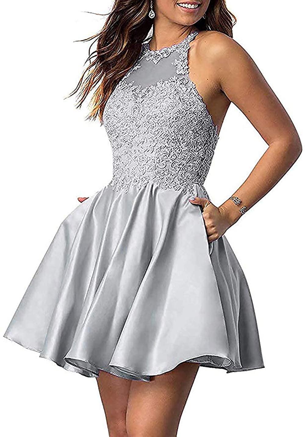 Price:$59.99    Ailidaw Women's Halter Applique Homecoming Dress Short Prom Party Gowns Satin  Clothing