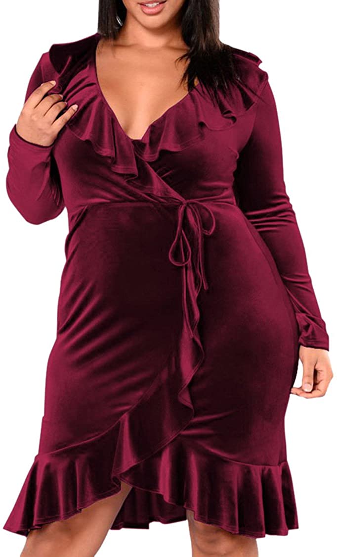 Price:$12.99 Pink Queen Women's V Neck Ruffles Long Sleeve Velvet Plus Size Prom Wrap Dress at Amazon Women’s Clothing store