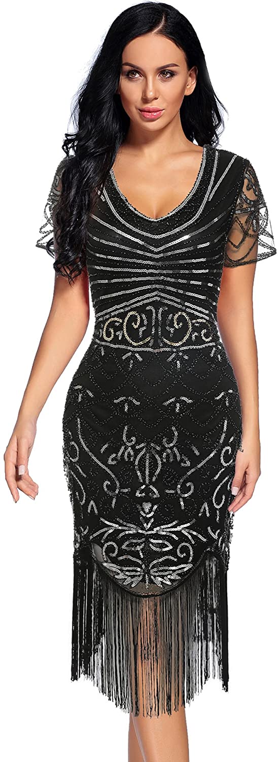 Price:$39.59    Women's Vintage 1920s Sequin Floral Midi Gatsby Flapper Dress(Black-2,L)  Clothing