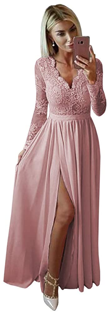 Price:$79.99 YGSY Women's A Line V Neck Lace Chiffon Long Sleeve Prom Gown with Slit at Amazon Women’s Clothing store