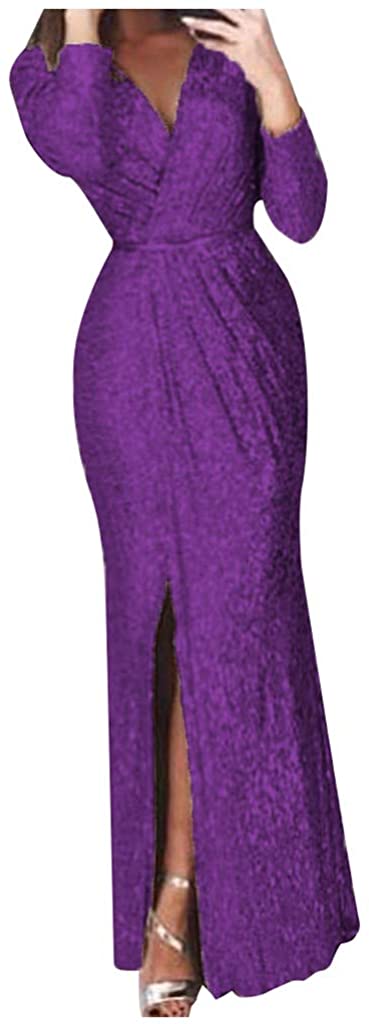 Price:$1.99    Vild Sequin Dress for Women, Gown Prom Maxi Long Sleeve Elegant V Neck Evening Party Night Out Outfit  Clothing