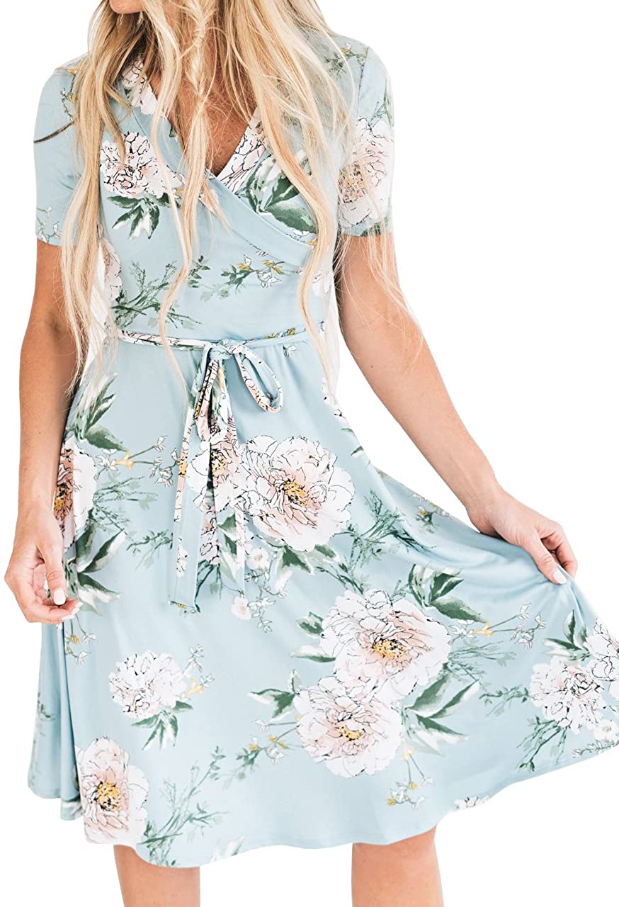 Price:$16.99 Foshow Womens Short Sleeve Dresses Floral Empire Waist Midi Vintage Summer Dress with Pockets at Amazon Women’s Clothing store