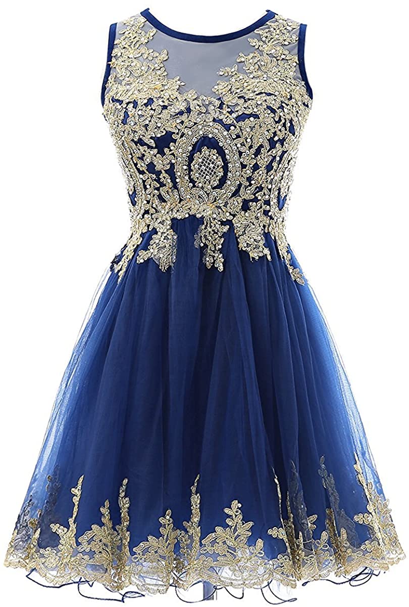 Price:$35.99 Zechun Womens Gold Lace Applique Homecoming Dresse Prom Bridesmaid Gown at Amazon Women’s Clothing store
