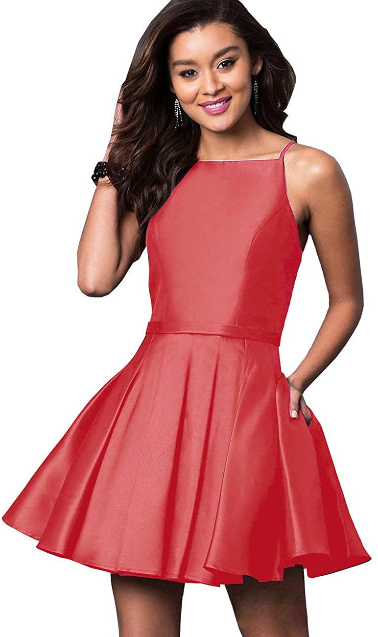Price:$62.99    NewFex Short Homecoming Dress Satin Aline Straps Prom Ball Gown With Pockets  Clothing