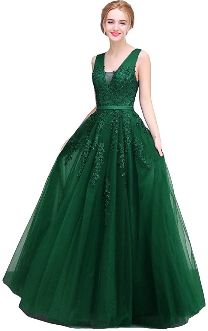 Price:$106.99 Lemai Tulle Beaded Lace Appliques Long Prom Evening Dress Bridesmaid at Amazon Women’s Clothing store