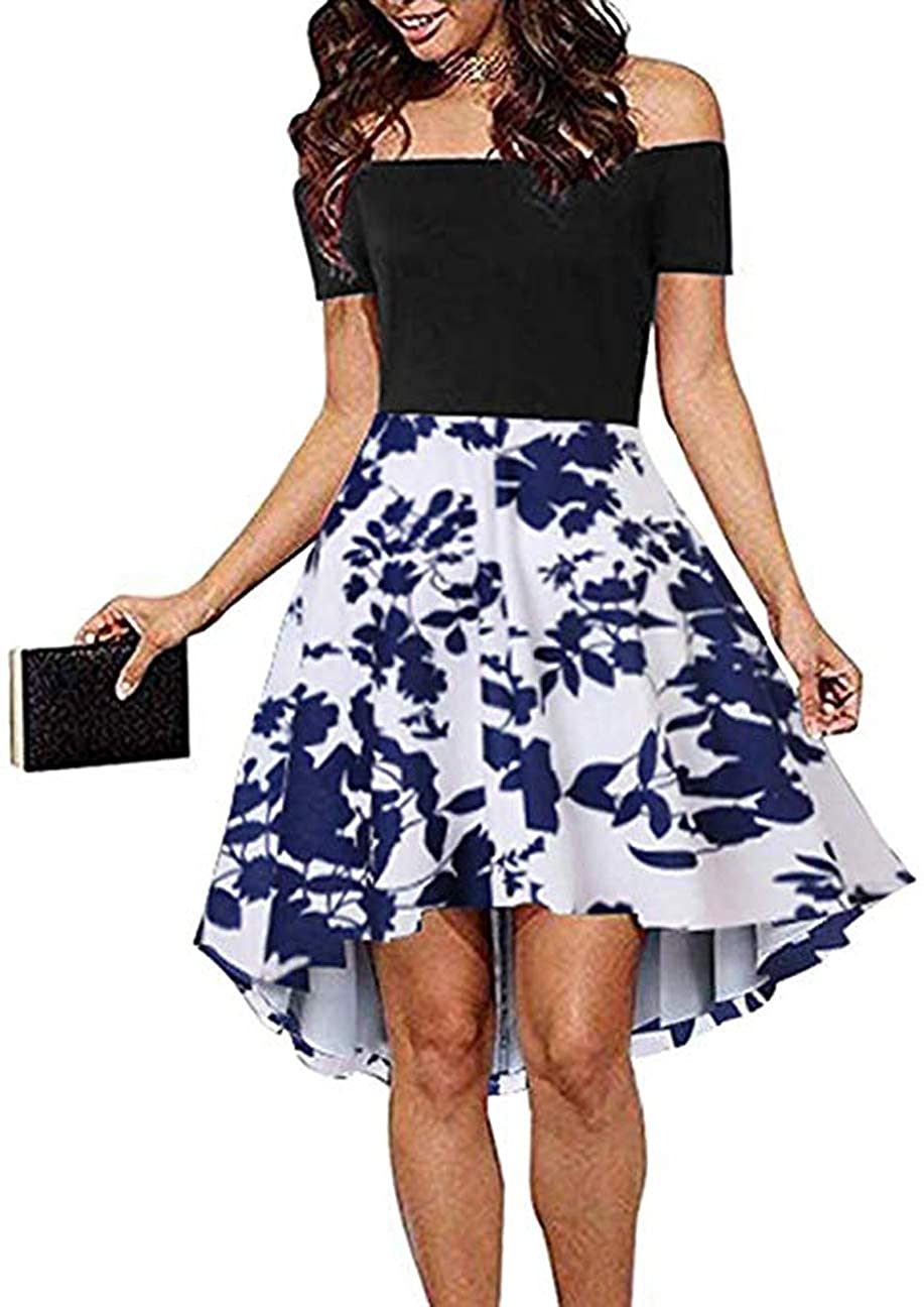 Price:$25.99 Seamido Women's Off The Shoulde Skater Dress Short Sleeve High Low Cocktail Dress at Amazon Women’s Clothing store