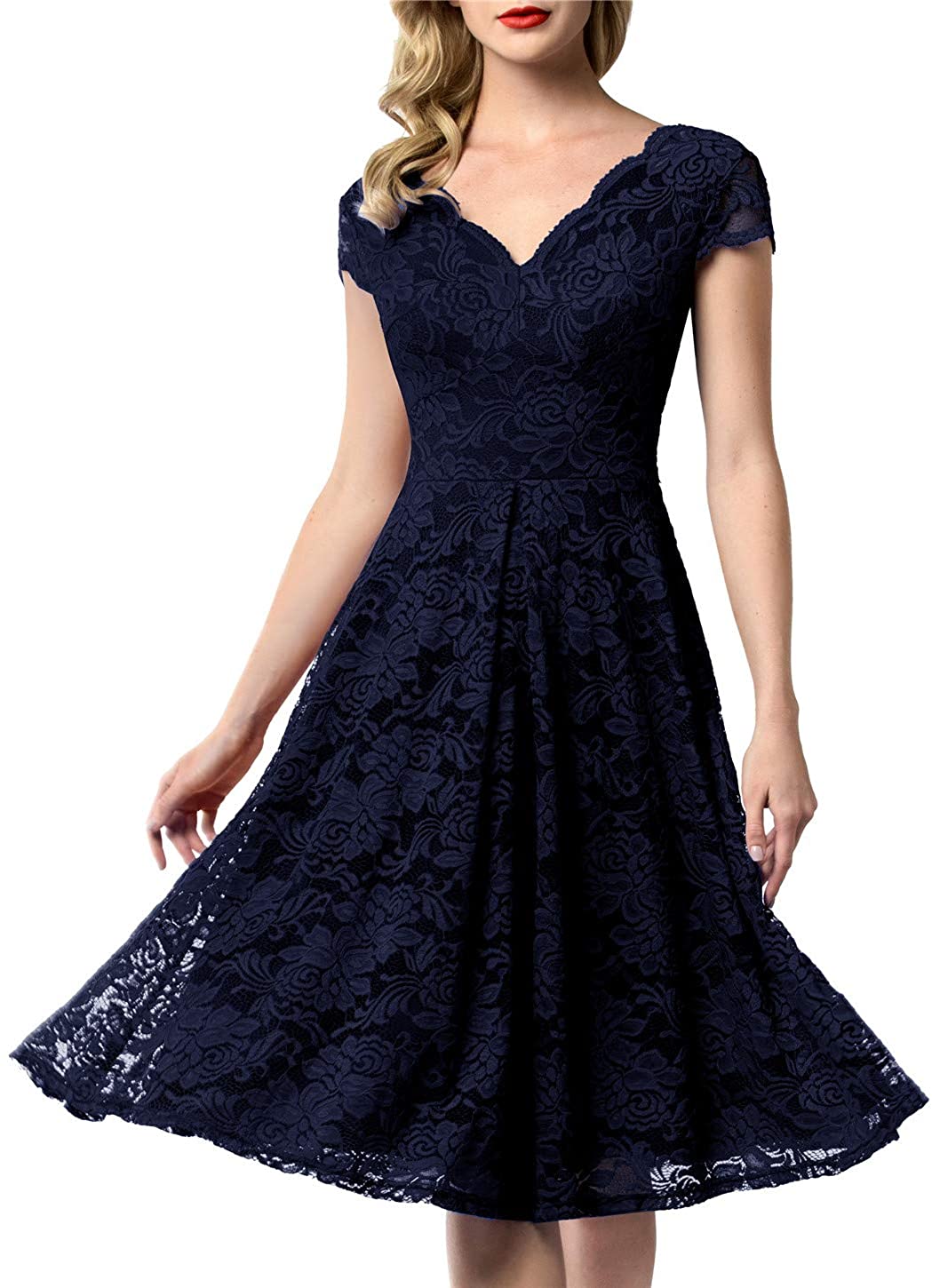 Price:$38.99    AONOUR 0052 Women's Vintage Floral Lace Bridesmaid Dress Wedding Party Midi Dress Cap Navy S  Clothing