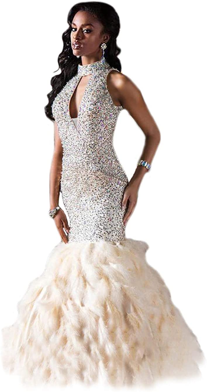 Price:$189.00    Andybridal Women's Mermaid High Neck Feather Sequin Prom Dress  Clothing