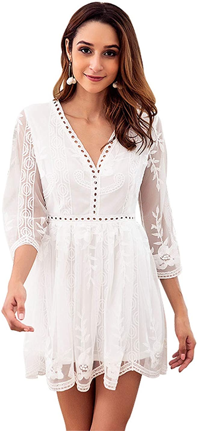Price:$25.64    Itemnew Women's Elegant Lace Sheer Backless V-Neck 3/4 Sleeve Flowy Short Party Dress  Clothing