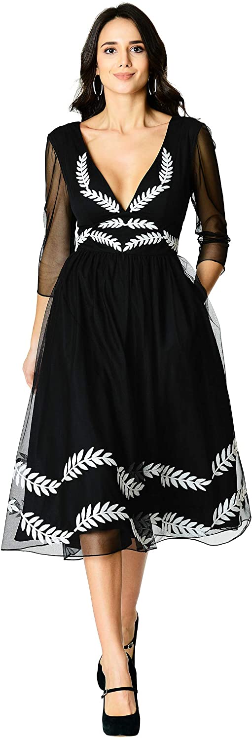 Price:$79.95    eShakti FX Plunge Wool Leaf Embellished Tulle Dress Black/White  Clothing