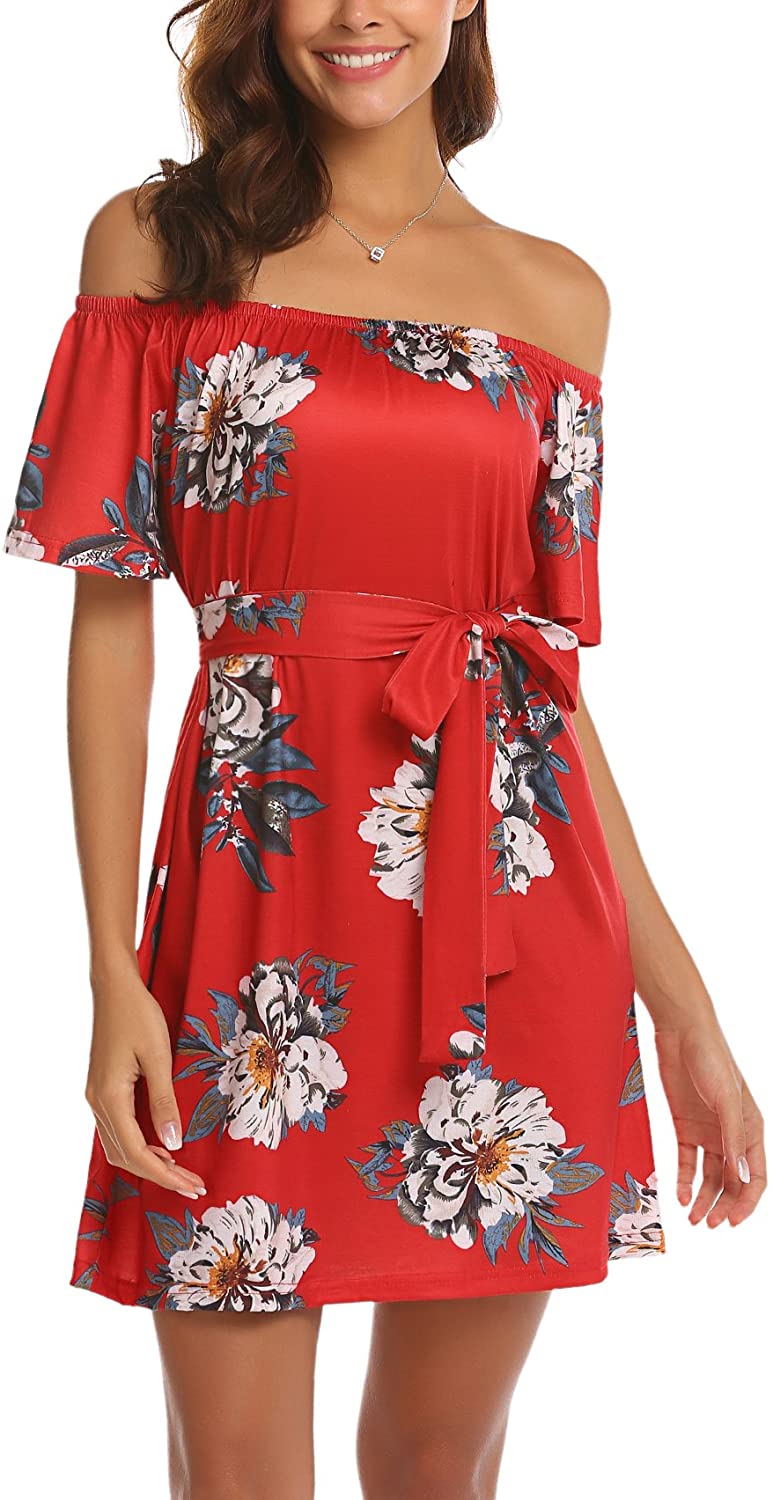 Price:$19.96 OURS Women's Off Shoulder Ruffles Floral Mini Dress Casual Pleated Party Short Dress with Belt at Amazon Women’s Clothing store