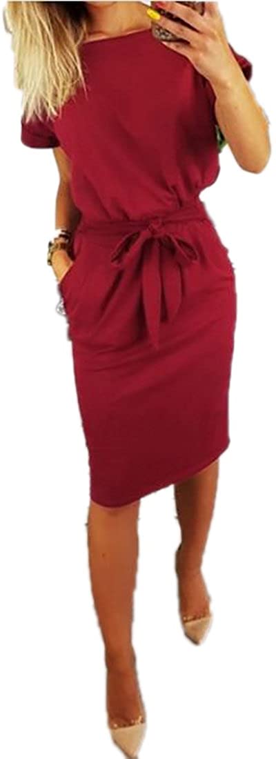 Price:$7.58 Fubotevic Womens Short Sleeve Crew Neck Summer Pure Color Bandage Midi Dress at Amazon Women’s Clothing store