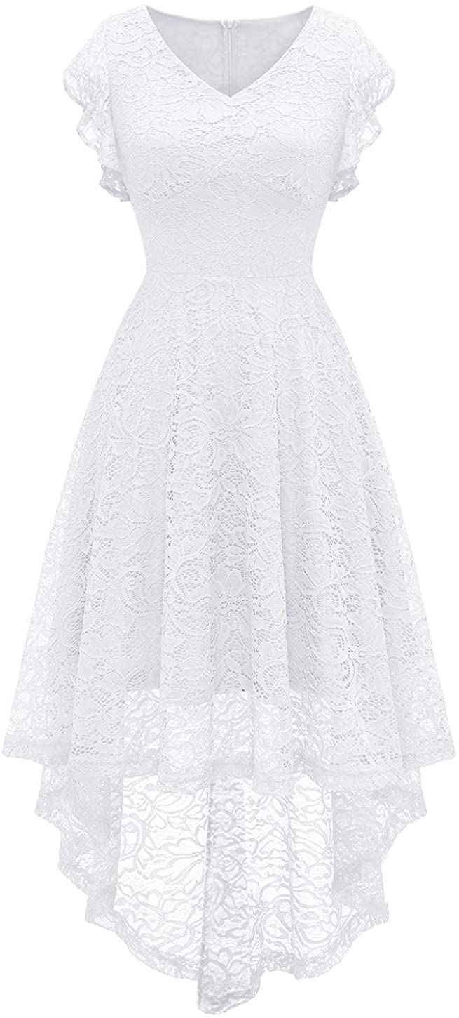 Price:$30.99    MODECRUSH Womens High Low Wedding Cocktail Party Floral Lace Prom Dress Ruffle Sleeve  Clothing