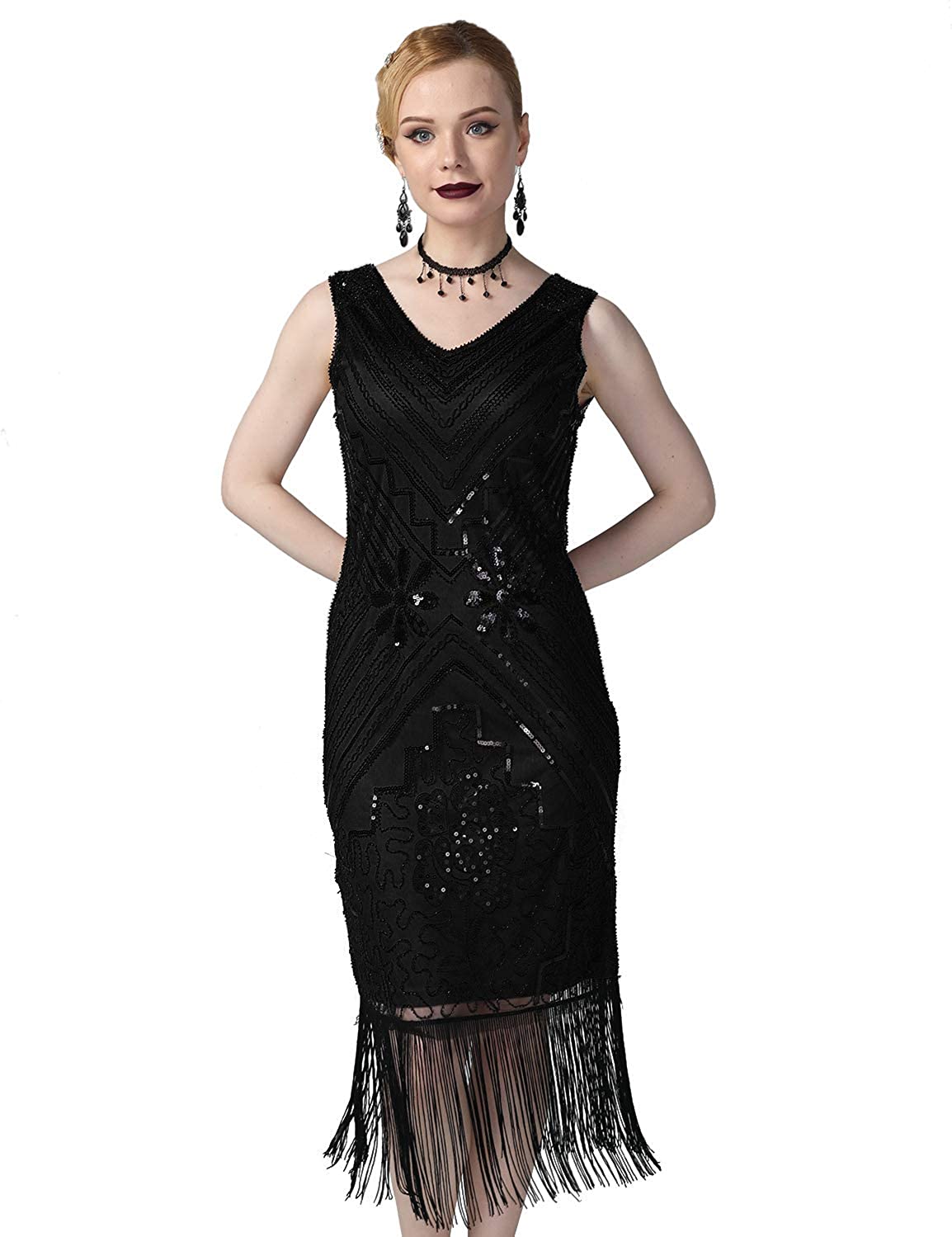 Price:$37.99 kayamiya Women's 1920s Flapper Dresses V Neck Beaded Tassels Gatsby Party Dress at Amazon Women’s Clothing store