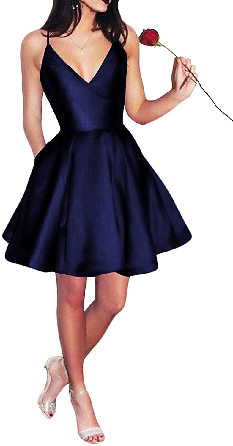 Price:$39.99 Fannybrides Short Spaghetti Straps V-Neck A-Line Homecoming Dress with Pockets at Amazon Women’s Clothing store
