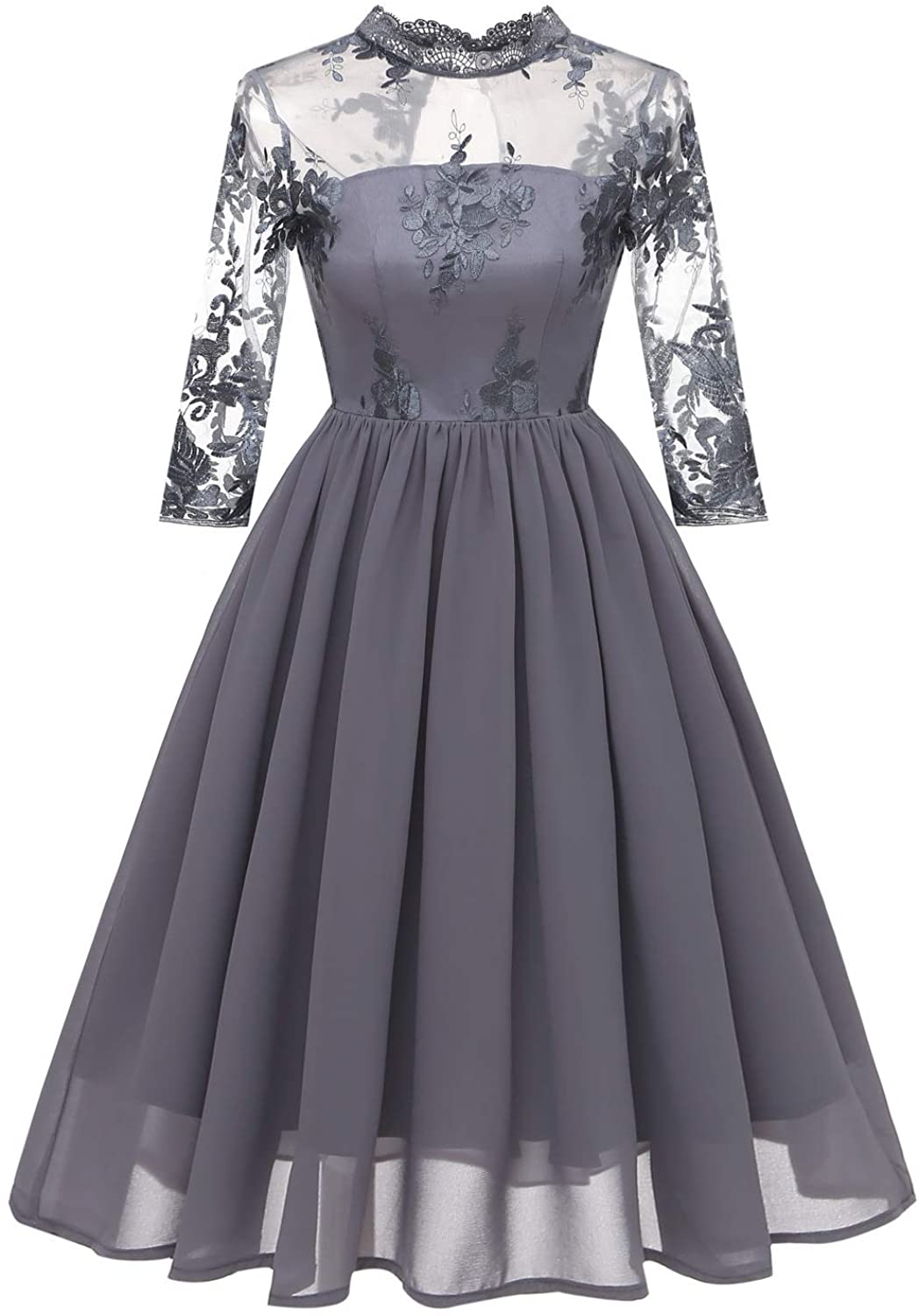 Price:$39.90    Women's Lace Midi Dress Long Sleeves Illusion Neckline Chiffon Homecoming Dresses  Clothing