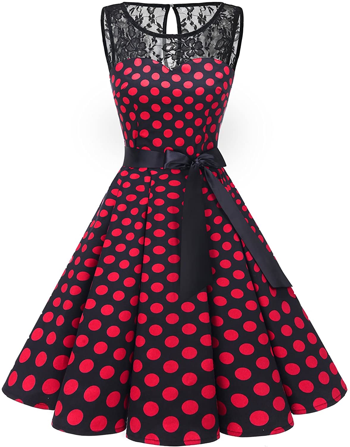 Price:$19.99    Bbonlinedress Women's 1950s Vintage Rockabilly Swing Dress Lace Cocktail Prom Party Dress Black Red BDot S  Clothing