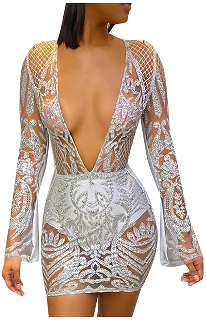 Price:$11.50 Vild Glitter Dress for Women, Plunge See Through Long Sleeve Bodycon Sexy Mini Cocktail Party Night Out Outfit at Amazon Women’s Clothing store