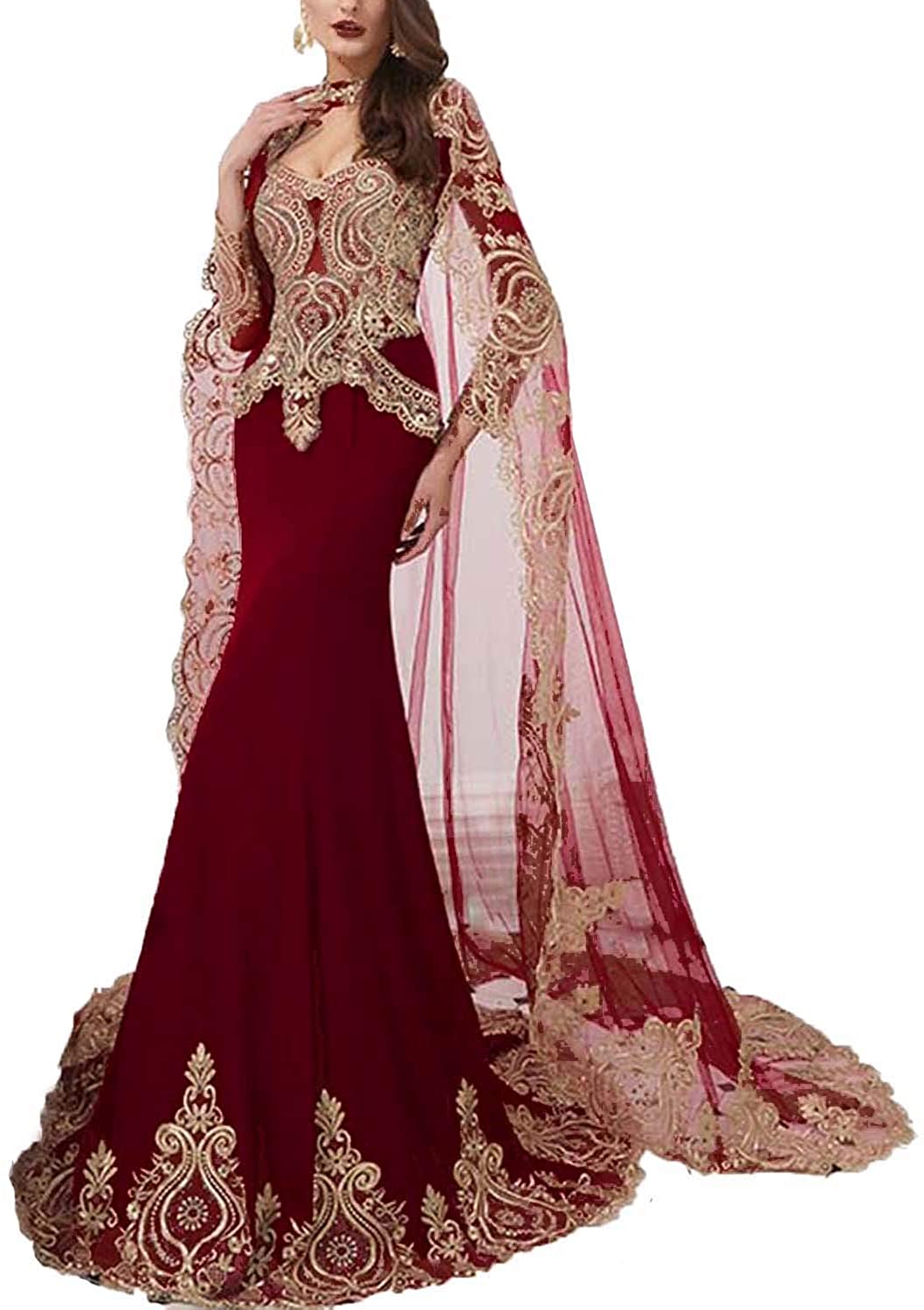 Price:$159.00    Promworld Women's Gold Lace Applique Mermaid Long Sleeve Evening Gowns Illusion Back Prom Dress with Cape  Clothing