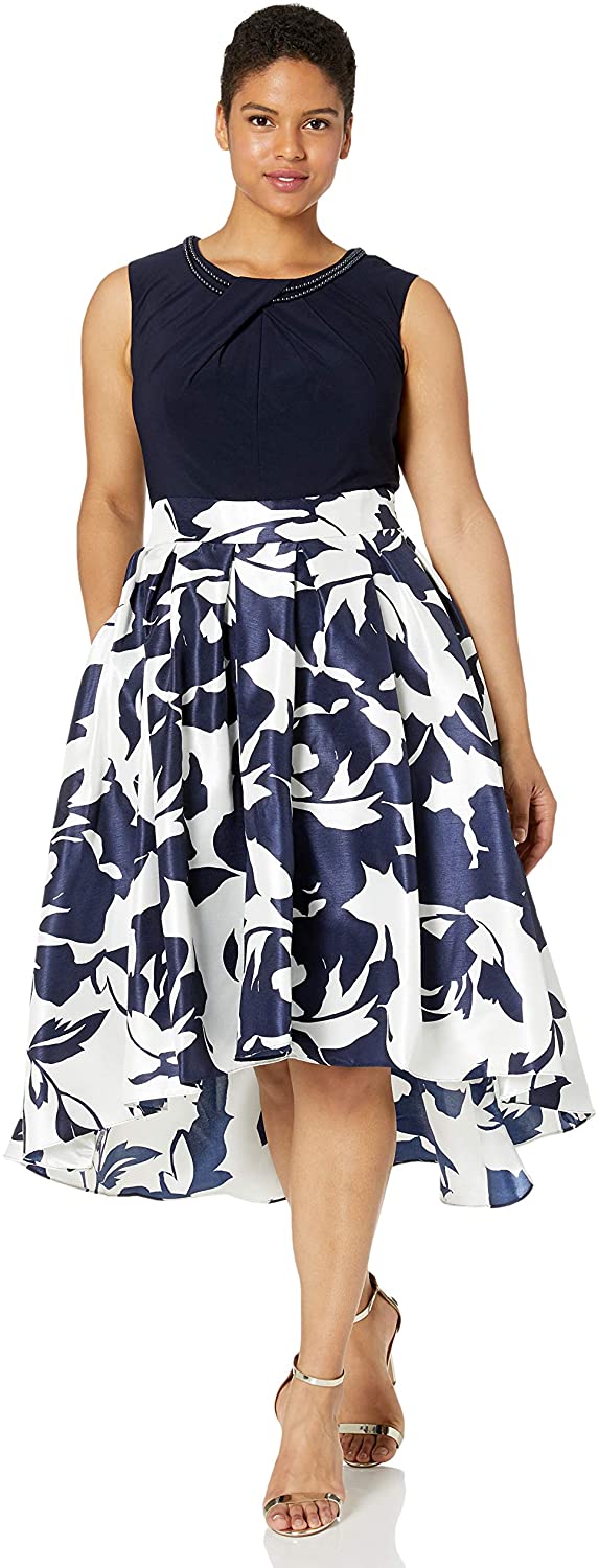Price:$41.65    S.L. Fashions Women's Plus Size Tea Length Tuck Neck Fit and Flare Dress  Clothing