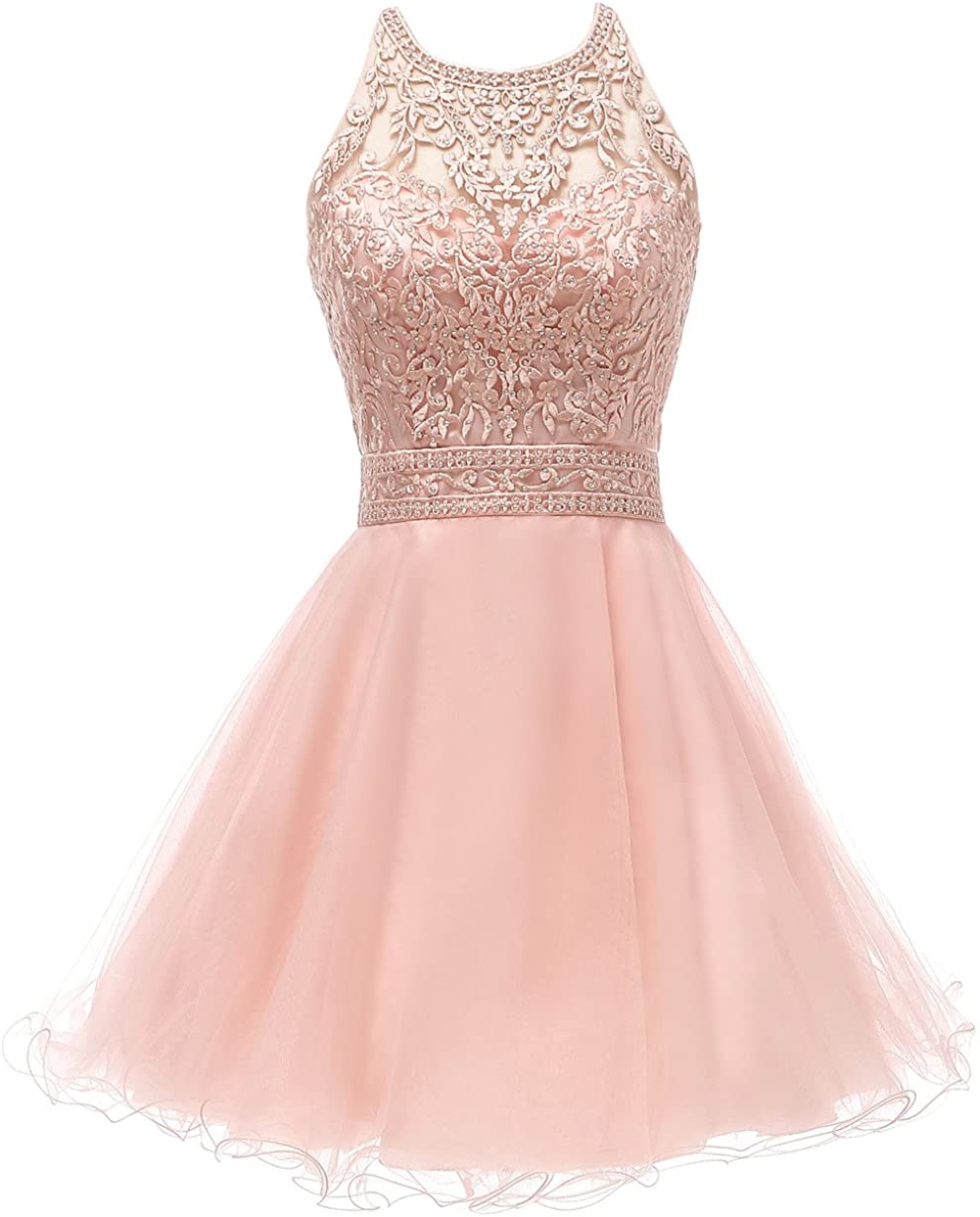 Price:$67.99    Women's Cocktail Dresses Lace Beaded Criss Cross Back Short Bridesmaid Party Dress Blush Pink,Size 4  Clothing