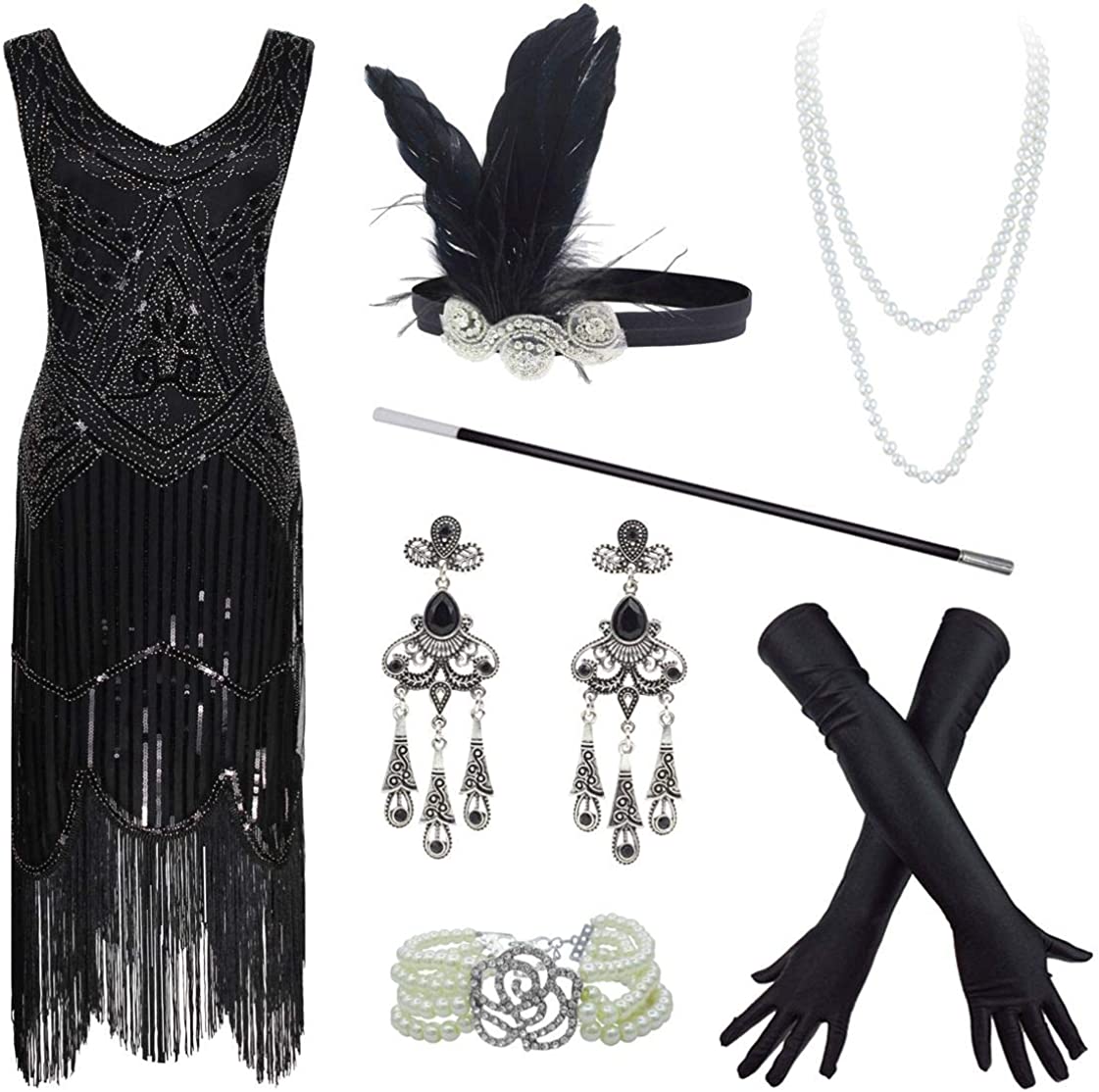 Price:$44.00 20s Flapper Gatsby Sequin Beaded Evening Cocktail Dress with Accessories Set at Amazon Women’s Clothing store