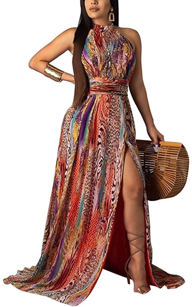 Price:$23.59 IyMoo Sexy Chiffon Sundress Tie Dye Dresses for Women Halter Neck Backless Long Boho Print Beach Dresses at Amazon Women’s Clothing store
