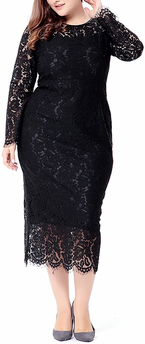 Price:$22.99 Dasior Women's Long Sleeve Scoop Sexy Floral Lace Plus Size Cocktail Party Mixi Dress at Amazon Women’s Clothing store
