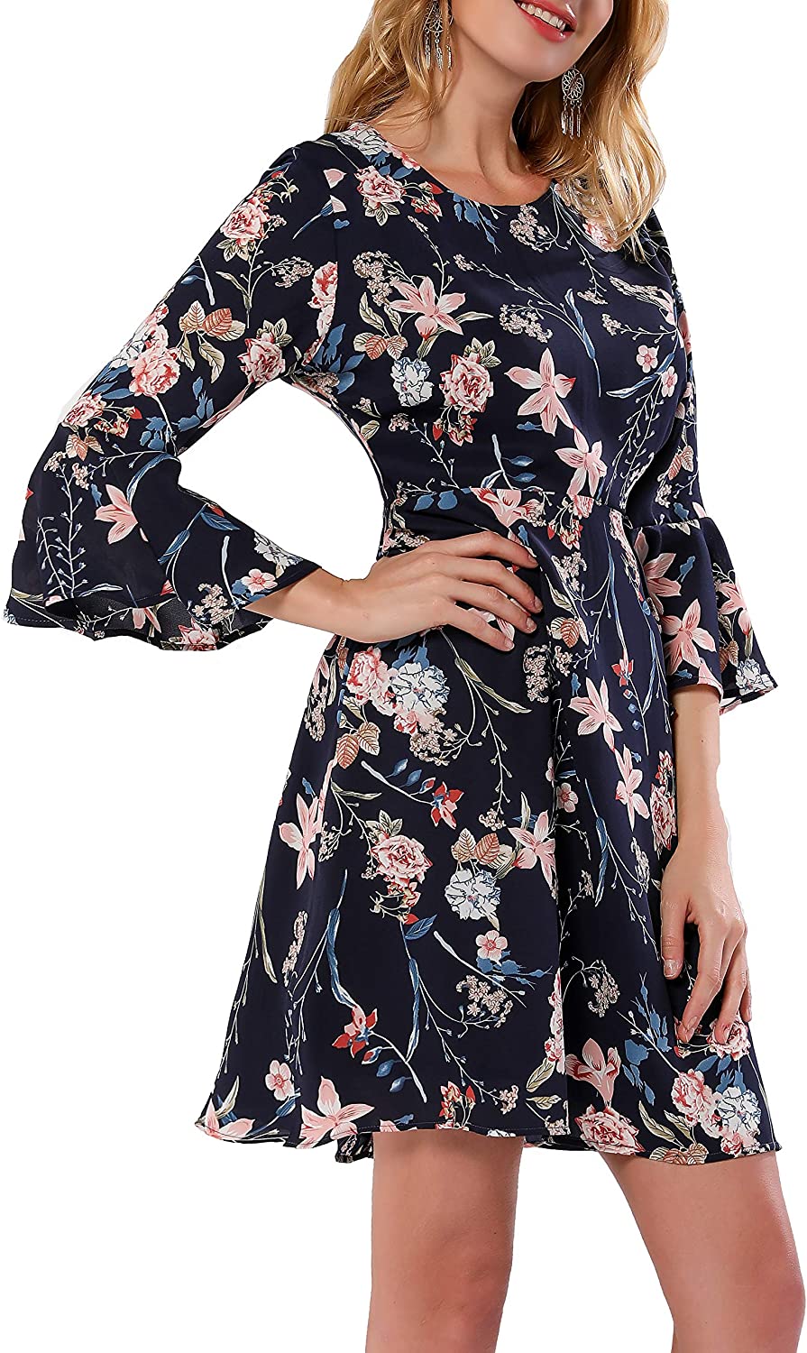 Price:$23.99 Azalosie Women Floral Dress High Neck Long Sleeve Pockets Tunic Short Shift Belted Dress Casual Work Beach Party at Amazon Women’s Clothing store