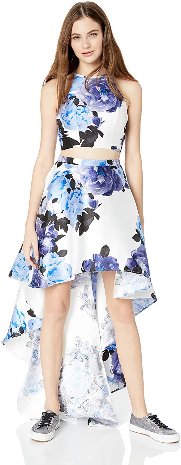 Price:$85.11    Speechless Junior's High-Low Mikado 2-Piece Formal Dance and Prom Dress, Blue Floral, 3  Clothing