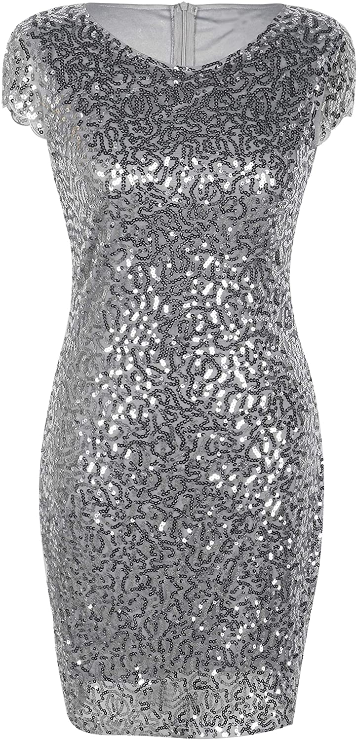 Price:$19.99    PrettyGuide Women's Sequin Cocktail Dress Short Sleeve Sparkly Pencil Wedding Party Dress  Clothing