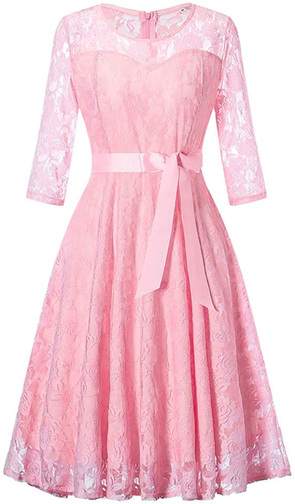 Price:$13.39    Dresses for Women Vintage Scoop Neck Floral Lace 3/4 Sleeve A-line Pleated Wing Cocktail Dress (L, Pink 3)  Clothing
