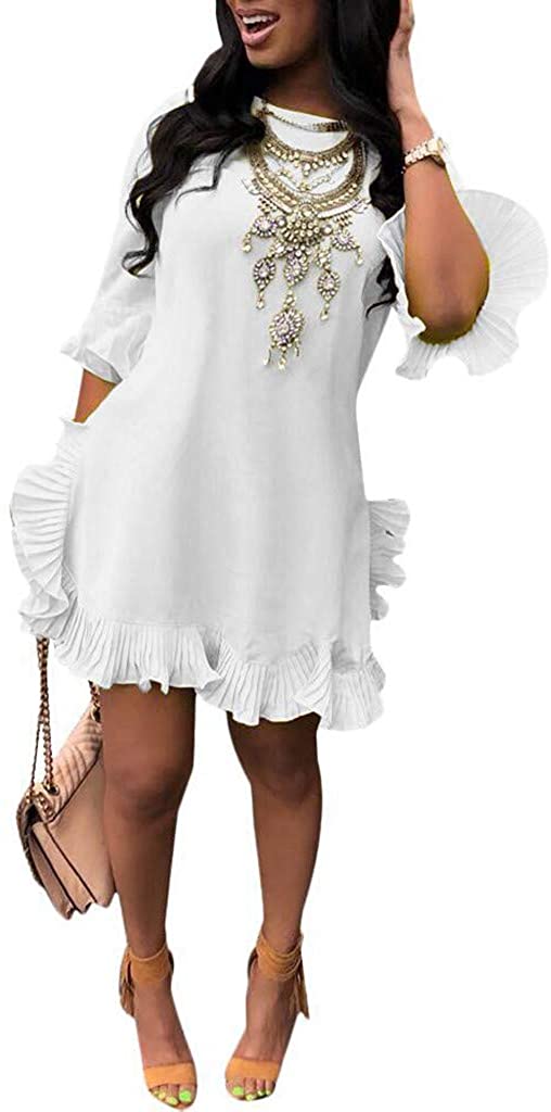 Price:$0.01    ZFK_DRESS Women's Boat Neck Mini Dress Solid Flare Sleeve Trim Dress  Clothing