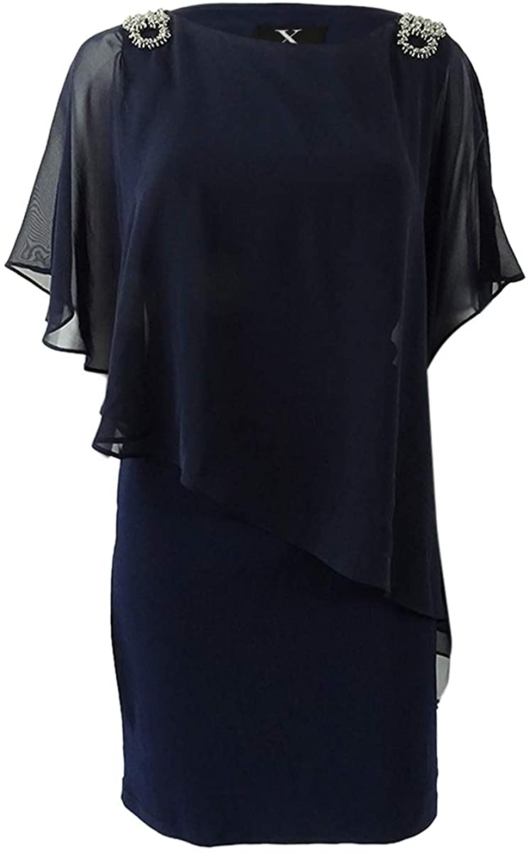 Price:$41.99    Xscape Womens Petites Party Chiffon Cocktail Dress Navy 10P  Clothing