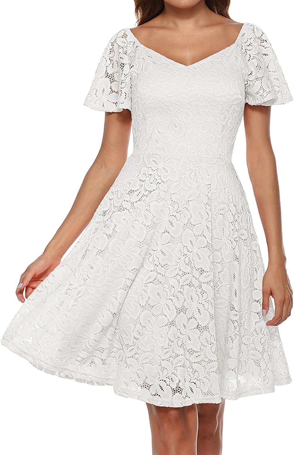 Price:$32.99    MODECRUSH Womens Cocktail Party Dress Lace Formal Prom Stretchy Dress with Short Sleeve  Clothing