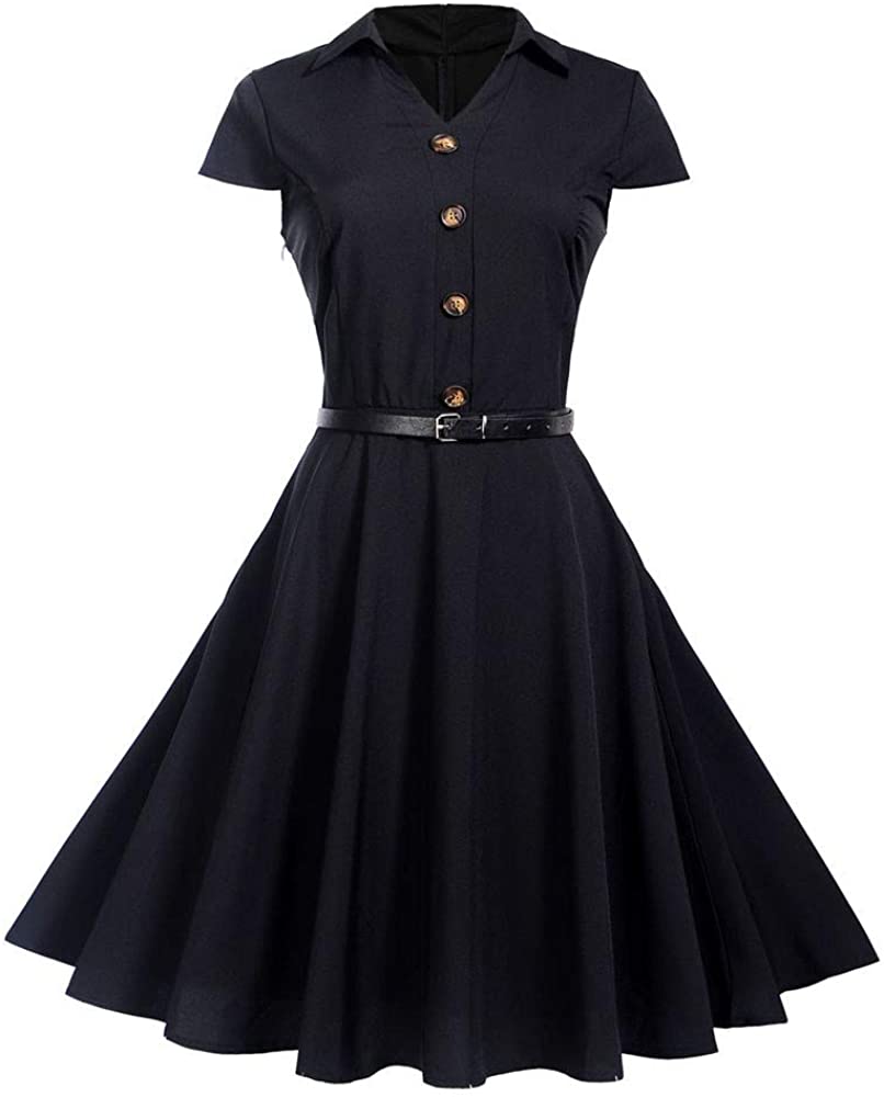 Price:$2.89 COOKI Women Vintage Short Sleeve Button V-Neck Classy Dress 1950s Retro Rockabilly Prom Cocktail Party Swing Dress at Amazon Women’s Clothing store