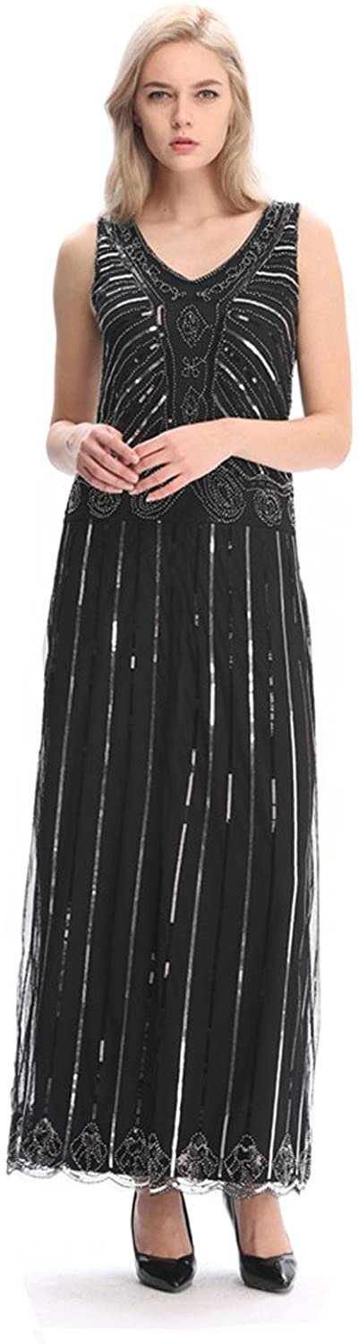 Price:$32.99    Wuchieal Women's 1920s Flapper Dress Gatsby Long Evening Prom Sequin Party Dress L Elegant Black  Clothing