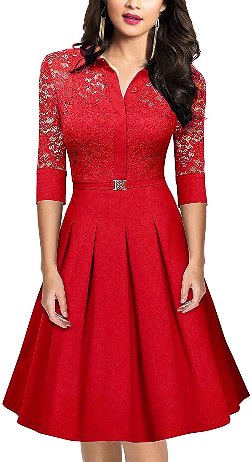 Price:$27.51    Women's Vintage Square Neck Cocktail Swing Dresses with Lace 3/4 Sleeve  Clothing