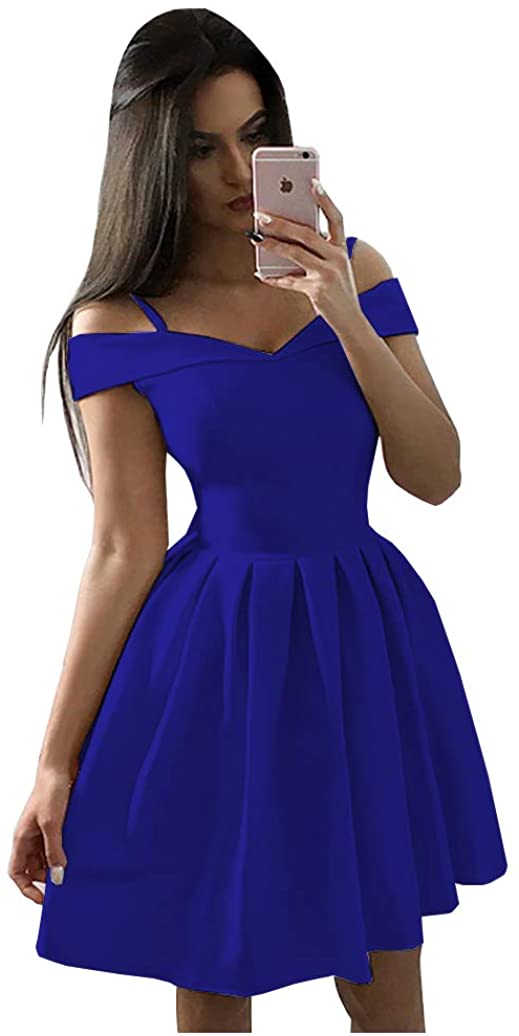 Price:$59.99    U Women's Off The Shoulder Satin Homecoming Dresses Short Prom Gown With Pockets  Clothing