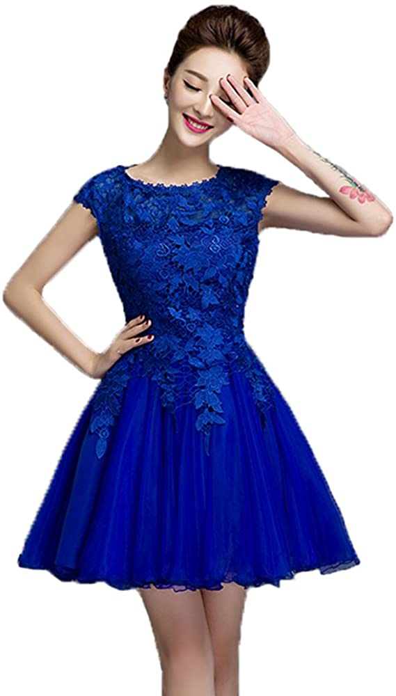 Price:$67.00    SunnyGirl Women's Short Lace Appliques Cap Sleeces Tulle Homecoming Dress Prom Dress  Clothing