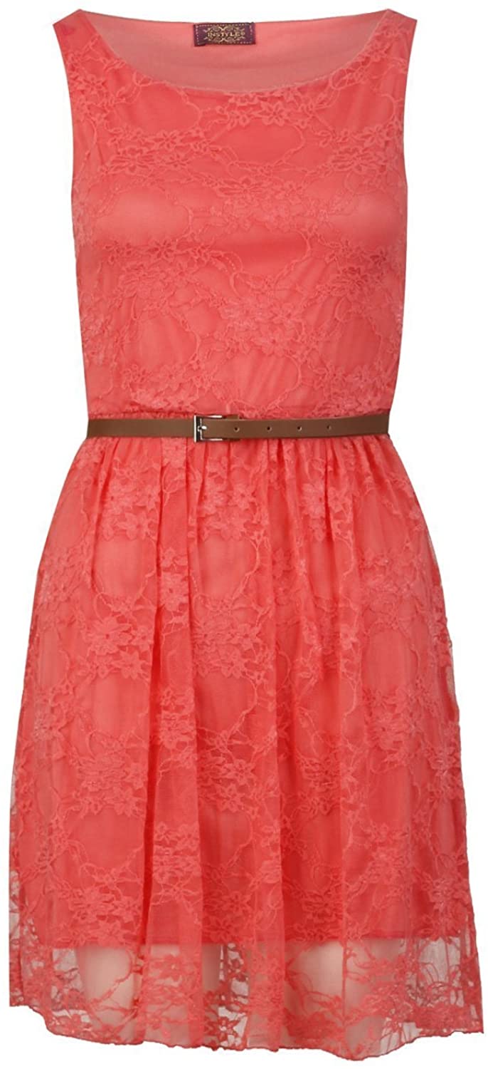 Price:$6.99    Crazy Girls Womens Sleeveless Floral Lace Belted Skater Dress  Clothing