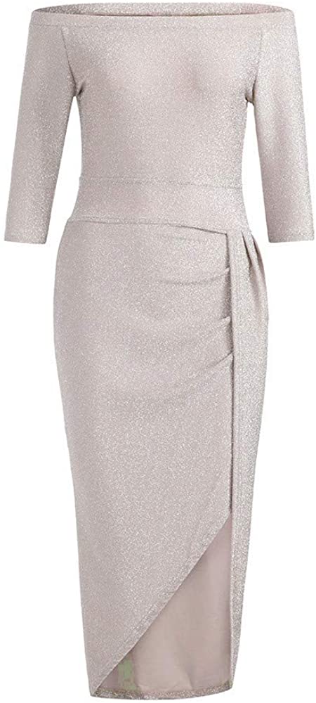 Price:$5.99 start_wuvi Women's Off Shoulder High Slit Long Sleeve Bright Crystal Evening Party Cocktail Bodycon Midi Dresses at Amazon Women’s Clothing store