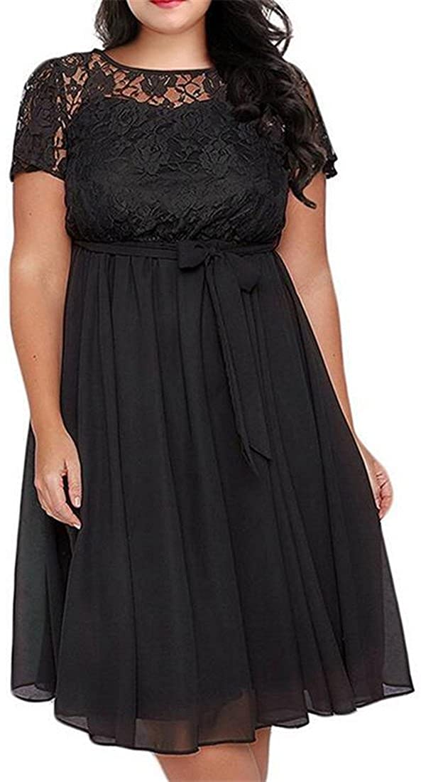Price:$10.71 YUELANDE Women Pleated Short Sleeve Lace Plus Size Crew Neck Cocktail Party Midi Dress at Amazon Women’s Clothing store