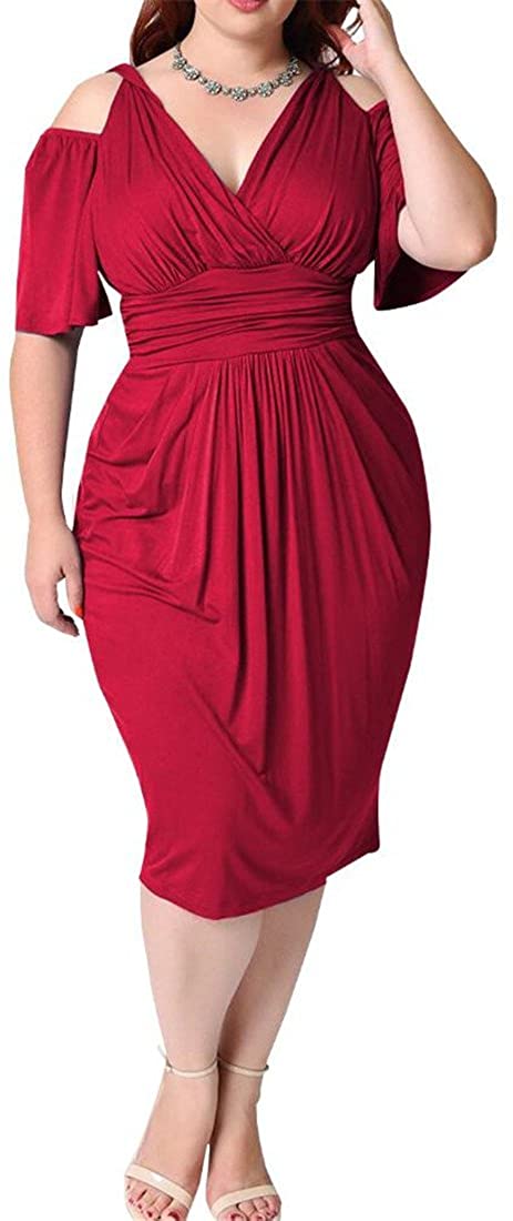 Price:$10.17 CRYYU Women Sexy Ruched V-Neck Plus Size Solid Cold Shoulder Party Club Midi Dress at Amazon Women’s Clothing store