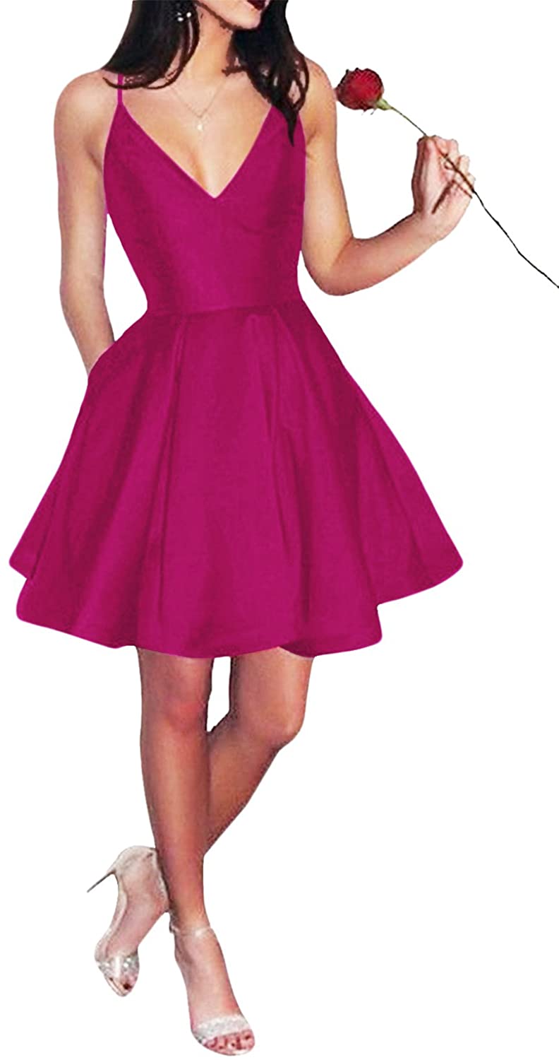 Price:$46.68    Yangprom Short Spaghetti Straps V-Neck A-line Homecoming Dress with Pockets (12, Fuchsia)  Clothing